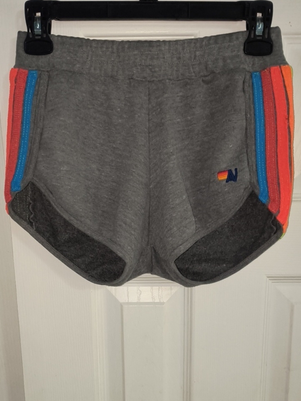 Aviator Nation 5 Stripe Jogger Shorts Heather Grey Neon Rainbow Size S